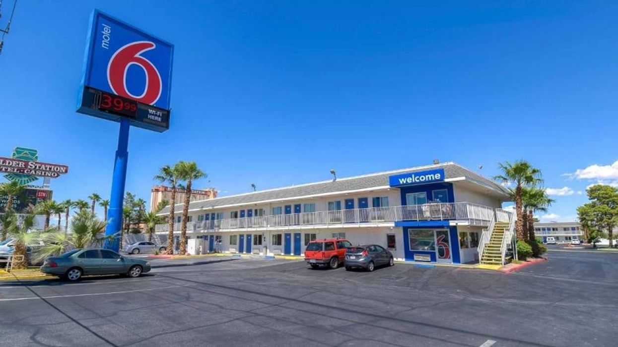 Hotel exterior of Motel 6 Las Vegas under G6 Hospitality and Galaxy Hotels partnership