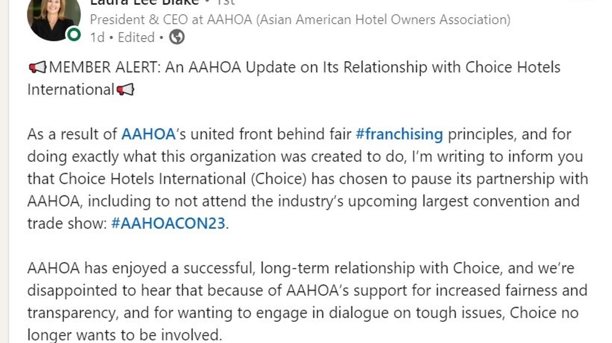 Choice withdraws support for AAHOA over franchising position