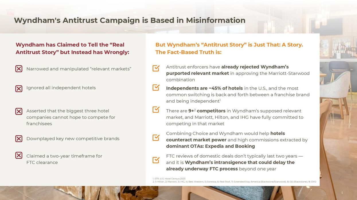 Choice rebuts Wyndham’s position on antitrust aspects of proposed merger