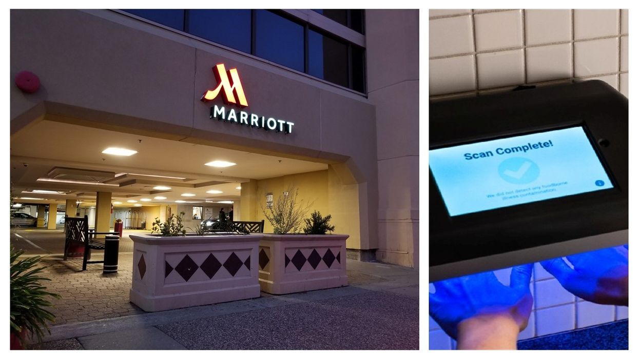 Marriott associate using PathSpot Hand Scanner to validate handwashing in a hotel kitchen.