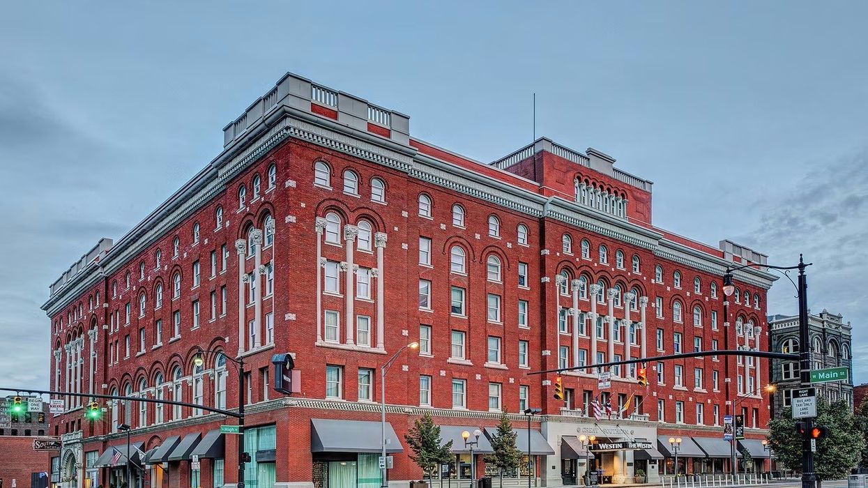 The historic two-story marble lobby of the Westin Great Southern Hotel in Columbus, Ohio, acquired by Whitestone Capital in 2025, showcasing its 1896 architecture.