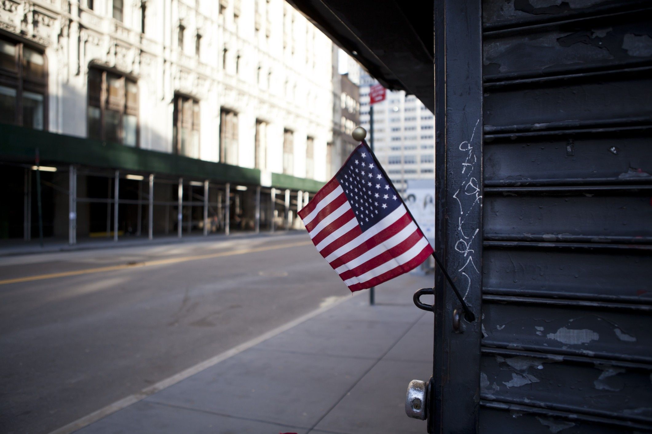 New York USA American Flag In An Empty Street