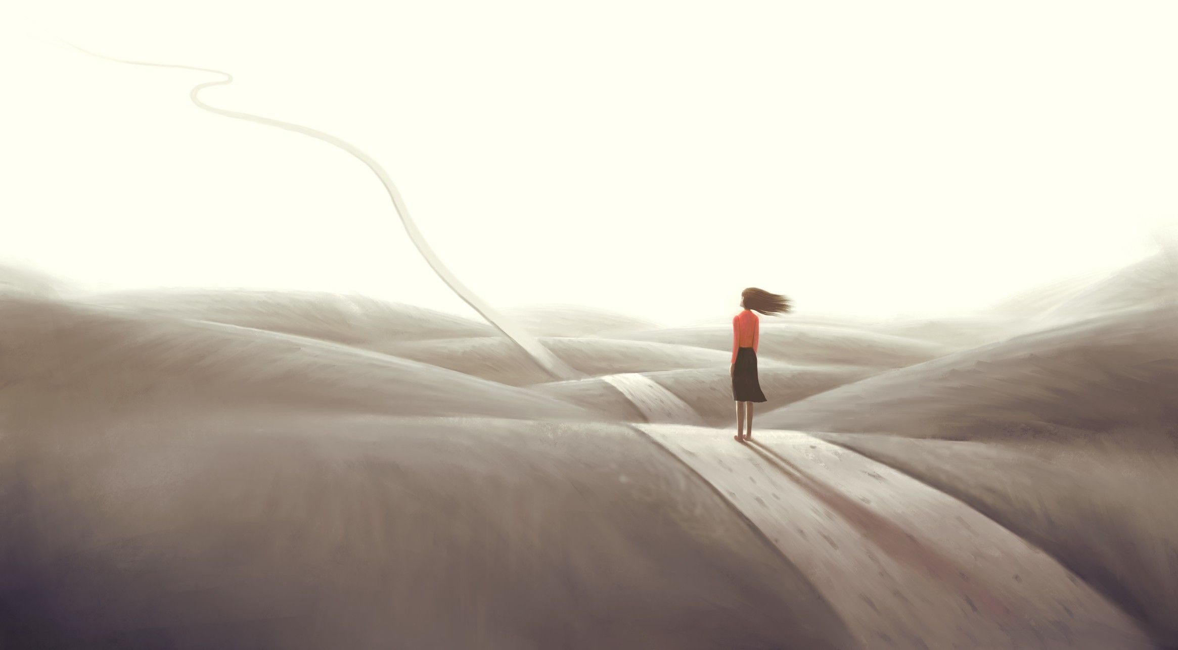 Concept art of success hope dream way and ambition , surreal landscape painting, business woman with floating road , imagination artwork, conceptual illustration