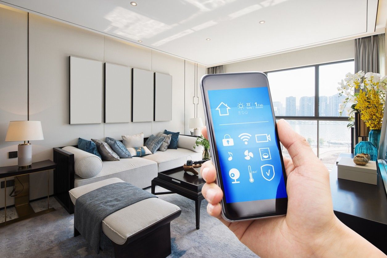 smart home system on mobile phone with background smart room technology in hotels