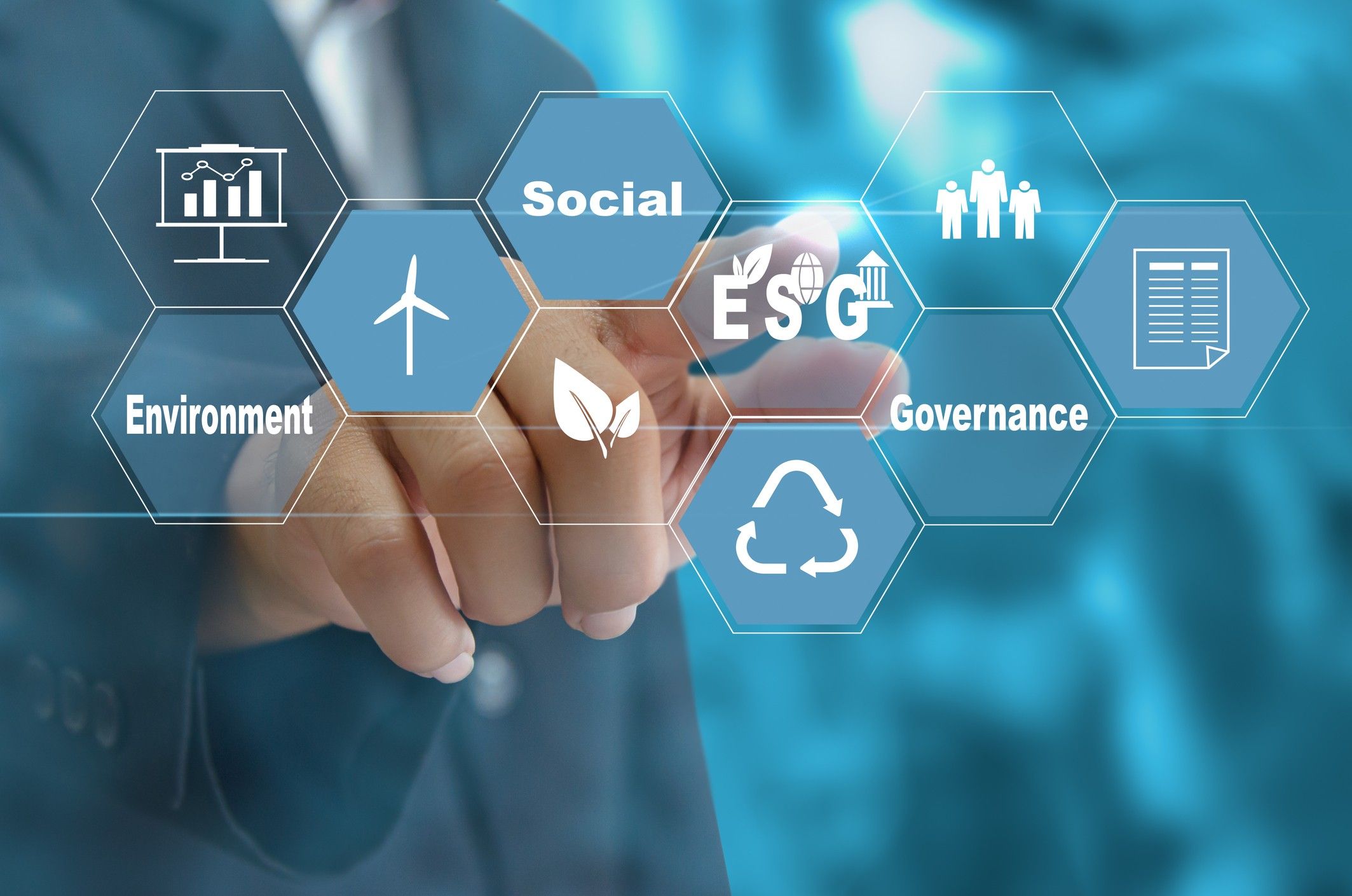 Sustainable business concept (Environmental, Social, Governance: ESG).Hand touching icon business virtual on screen.