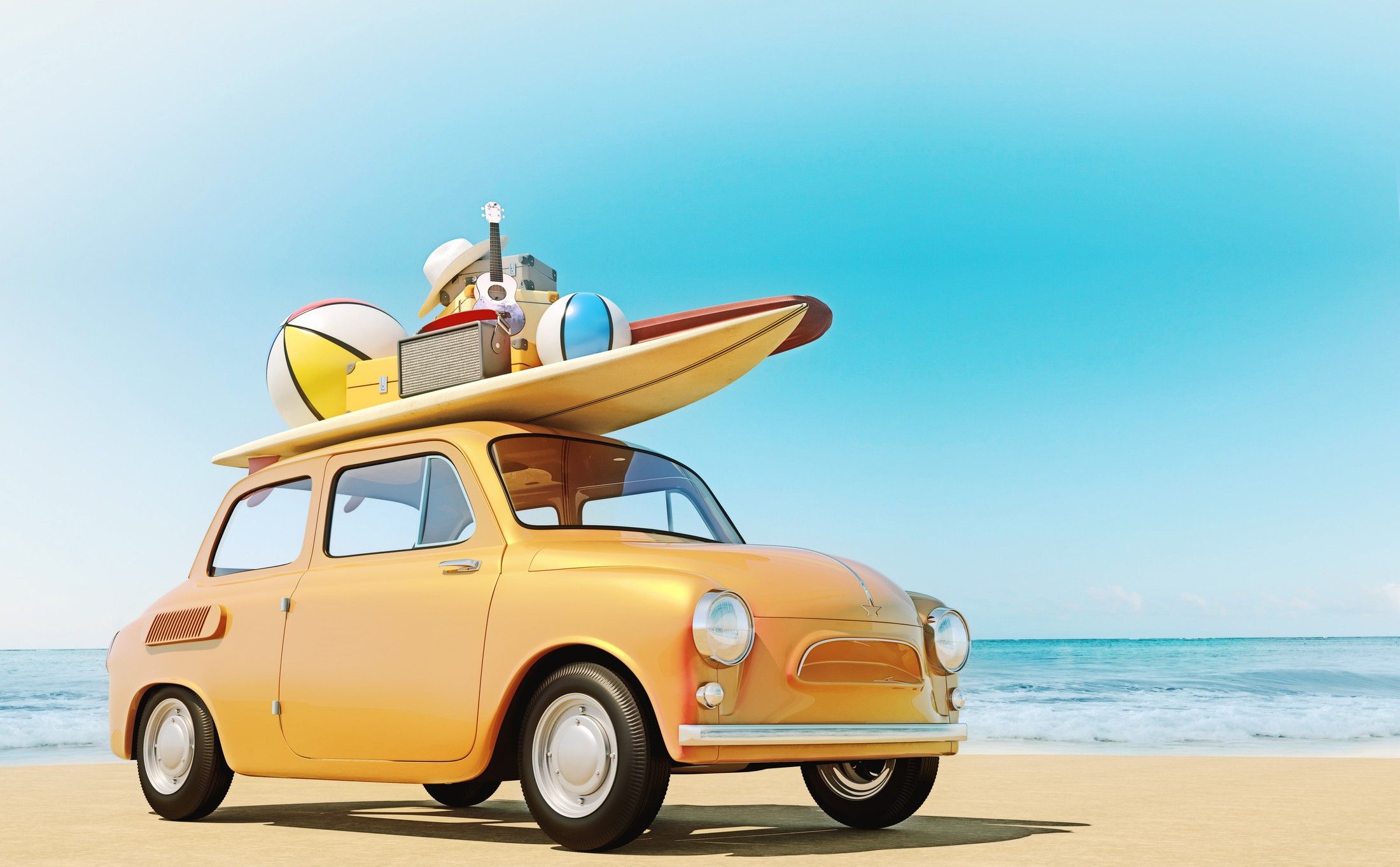 Small retro car with baggage, luggage and beach equipment on the roof, fully packed, ready for summer vacation, concept of a road trip with family and friends, dream destination, very vivid colors with dominant blue sky and ocean and bright orange car. Gas prices, inflation to impact summer travel