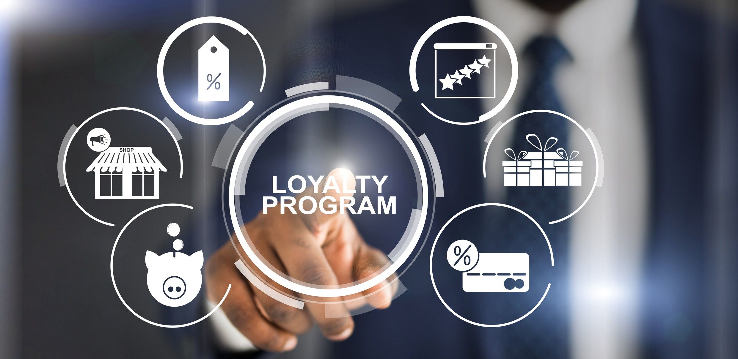Collage with businessman pressing loyalty program button on virtual screen, panorama INNcentive Instant Rewards program