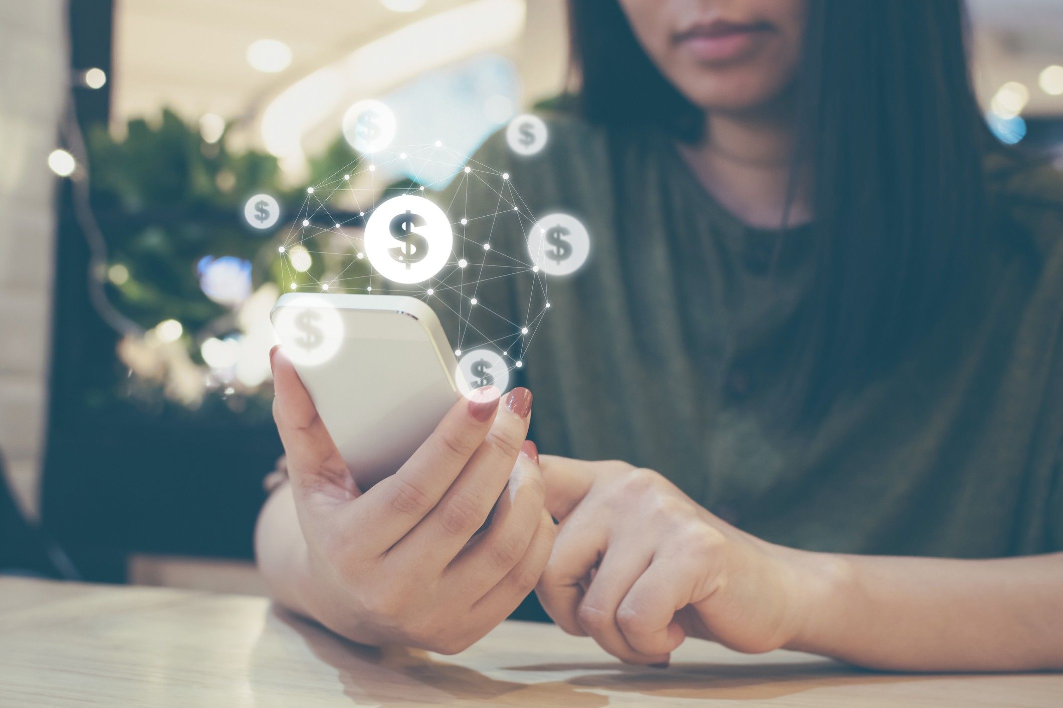 Asian woman hand using mobile phone with online transaction application, Concept ecommerce and internet online investment direct pay program for corporate guests