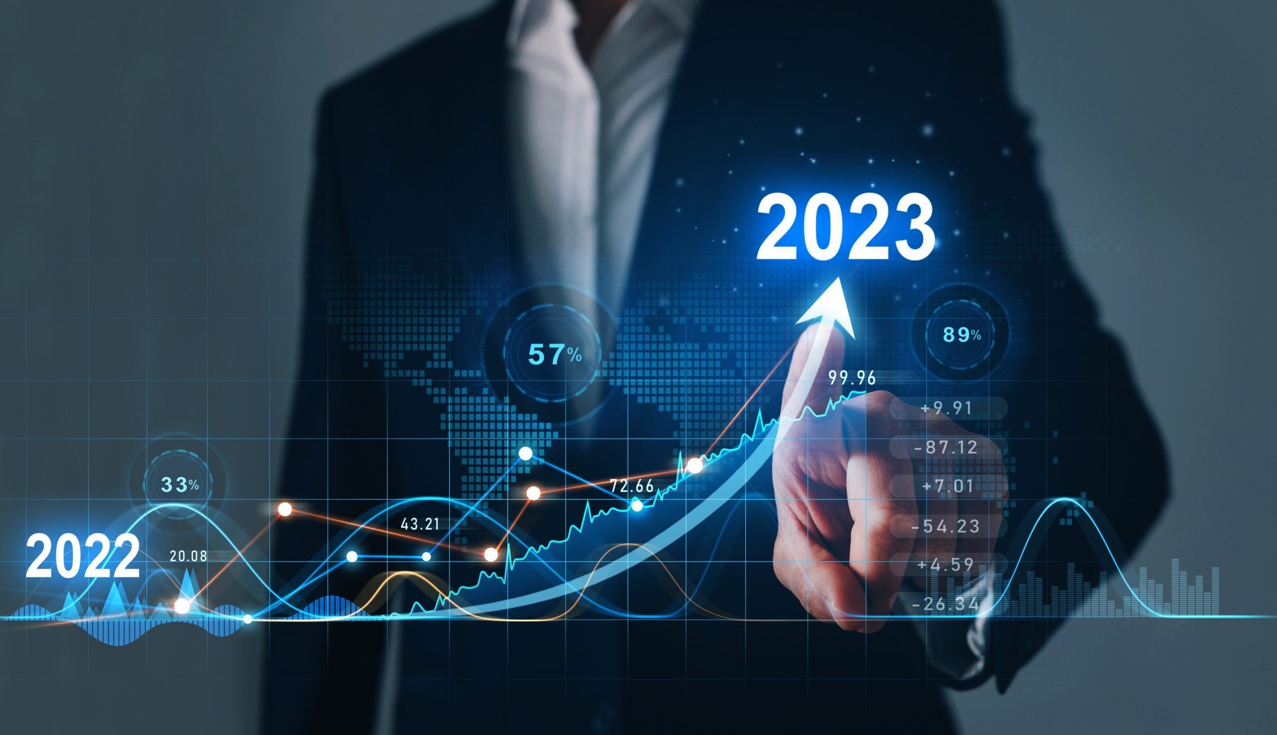 Businessman draws increase arrow graph corporate future growth year 2022 to 2023. Planning,opportunity, challenge and business strategy. New Goals, Plans and Visions for Next Year 2023. STR Benchmarking